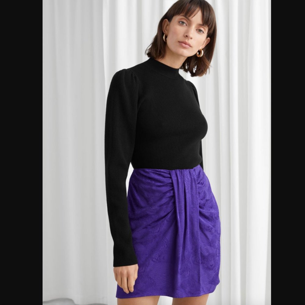NWT - &OS PURPLE Leopard Jacquard Gathered Mini Skirt